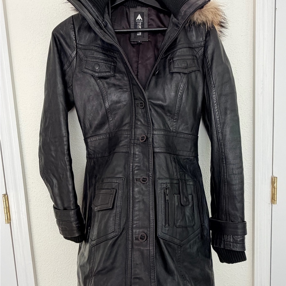 Top Gun Women’s Black Leather Long Coat Jacket Fur Hood S Genuine Leather - Picture 9 of 14